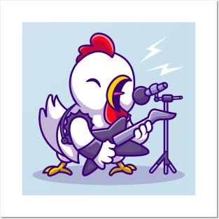 Cute Chicken Rocker With Guitar Cartoon Posters and Art